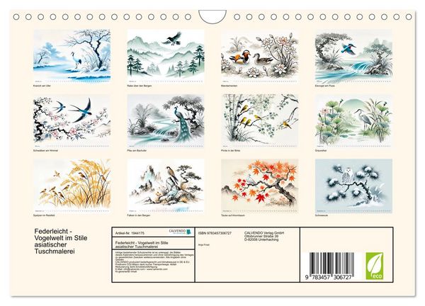 Produktbild: Federleicht - Vogelwelt im Stile asiatischer Tuschmalerei (Wandkalender 2026 DIN A4 quer), CALVENDO Monatskalender