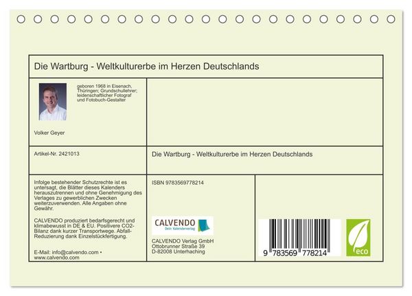 Produktbild: Die Wartburg - Weltkulturerbe im Herzen Deutschlands (Tischkalender 2027 DIN A5 quer), CALVENDO Monatskalender