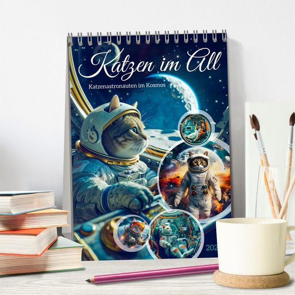 Produktbild: Katzen im All - Katzenastronauten im Kosmos (Tischkalender 2026 DIN A5 hoch), CALVENDO Monatskalender