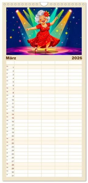 Produktbild: Familienplaner 2026 - Oma rockt den Ruhestand - Lustiger Frauenkalender mit Humor mit 5 Spalten (Wandkalender, 21 x 45 cm) CALVENDO