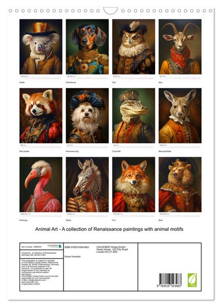 Produktbild: Animal Art - A collection of Renaissance paintings with animal motifs (Wall Calendar 2026 DIN A3 portrait), CALVENDO 12 Month Wall Calendar