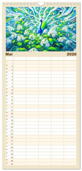 Produktbild: Familienplaner 2026 - Tanz der Pfauen - Jahreszeiten in abstrakter Eleganz mit 5 Spalten (Wandkalender, 21 x 45 cm) CALVENDO