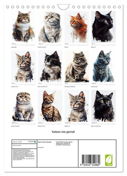 Produktbild: Katzen wie gemalt (Wandkalender 2026 DIN A4 hoch), CALVENDO Monatskalender