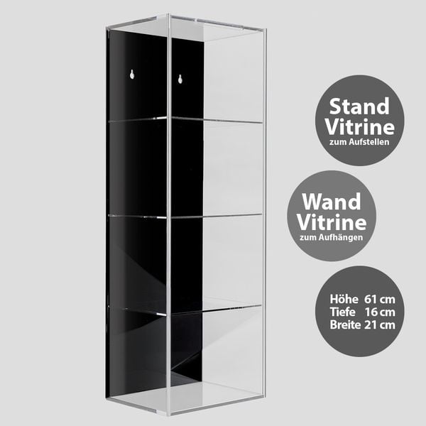 Produktbild: Hochwertige Acryl-Vitrine mit schwarzer R&uuml;ckwand und 4 Ebenen. Einschub an der Vorderseite kann komplett ge&ouml;ffnet werden. Wahlweise als Stand-oder Wandvitrine zu verwenden, wird aufgebaut geliefert