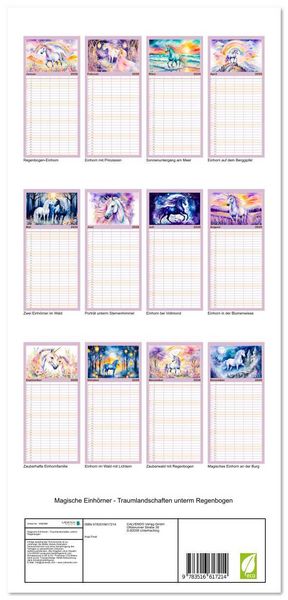 Produktbild: Familienplaner 2026 - Magische Einh&ouml;rner - Traumlandschaften unterm Regenbogen mit 5 Spalten (Wandkalender, 21 x 45 cm) CALVENDO