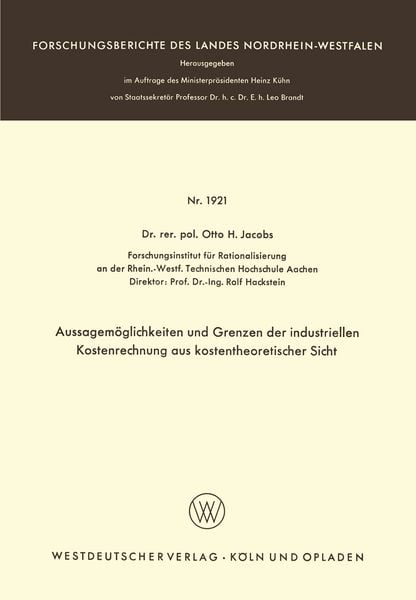 Produktbild: Aussagem&ouml;glichkeiten und Grenzen der industriellen Kostenrechnung aus kostentheoretischer Sicht