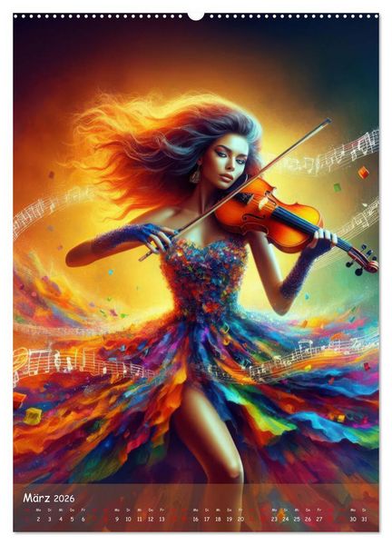 Produktbild: Musikalische Magie &ndash; Frauen in klangvollen Kleidern aus Noten und Farbe (hochwertiger Premium Wandkalender 2026 DIN A2 hoch), Kunstdruck in Hochglanz