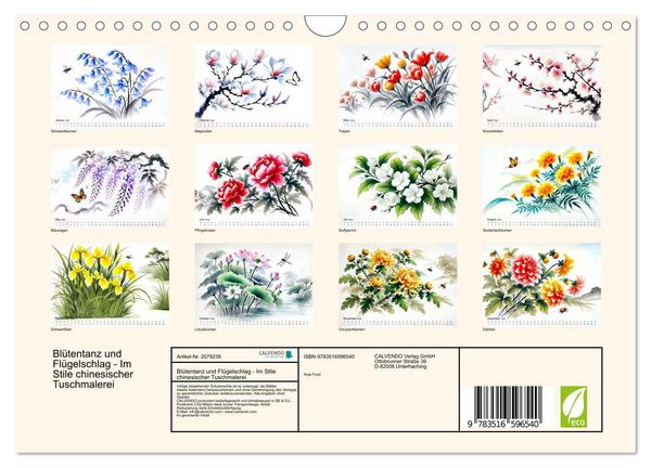 Produktbild: Bl&uuml;tentanz und Fl&uuml;gelschlag - Im Stile chinesischer Tuschmalerei (Wandkalender 2026 DIN A4 quer), CALVENDO Monatskalender