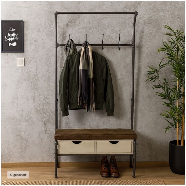 Produktbild: HTI-Living Garderobe im Steampunk-Design Industrial Look mit Sitzbank und Schubladen