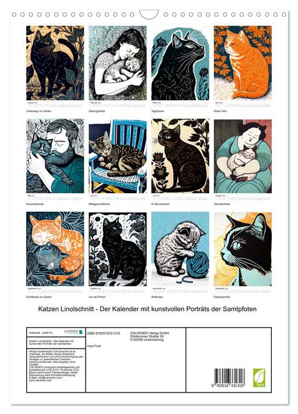 Produktbild: Katzen Linolschnitt - Der Kalender mit kunstvollen Portr&auml;ts der Samtpfoten (Wandkalender 2026 DIN A3 hoch), CALVENDO Monatskalender