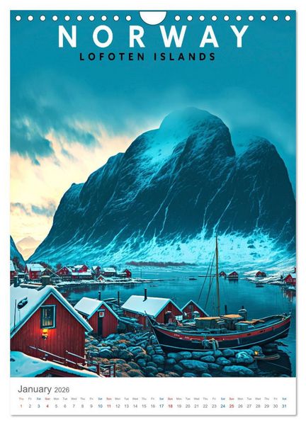 Produktbild: Lofoten Islands - Old School Poster Style (Wall Calendar 2026 DIN A4 portrait), CALVENDO 12 Month Wall Calendar