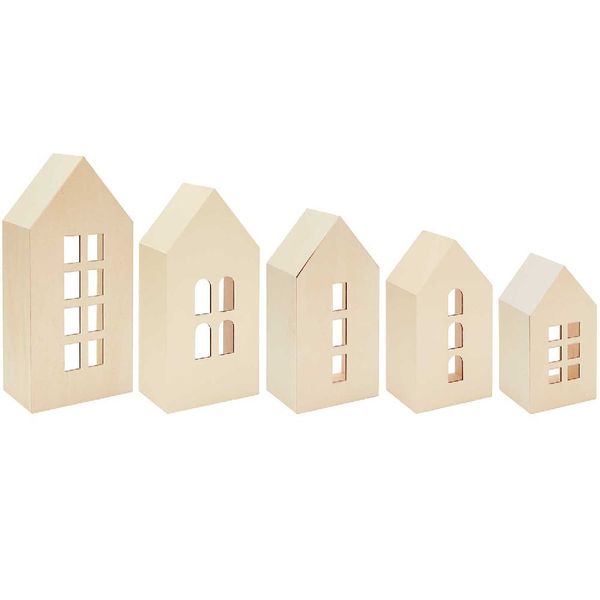 Produktbild: 5er Set Holz-Deko-H&auml;user aus Holz mit Fenstern,
