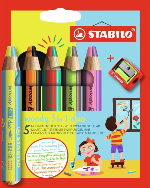 STABILO Buntstifte woody 3in1 duo 5er Set mit Spitzer