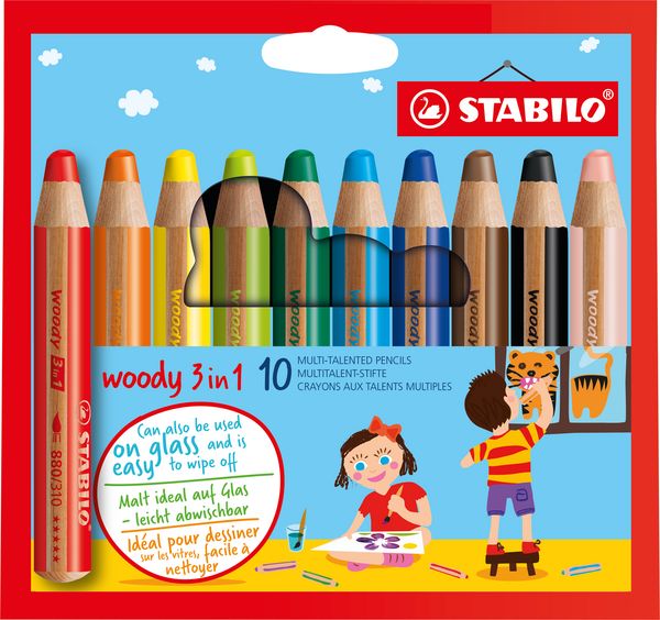 Produktbild: STABILO Buntstift, Wasserfarbe & Wachsmalkreide -  woody 3 in 1 - 10er Pack - mit 10 verschiedenen Farben