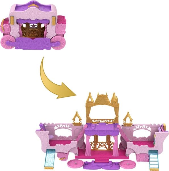 Produktbild: Disney Prinzessin Verwandlungs-Spielset Kutsche zu Schloss mit kleiner Aurora-Puppe, 4 Figuren und 3 Ebenen