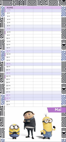 Minions Familienplaner 2023. Familienkalender mit 5 Spalten. Humorvoll illustrierter Familien-Wandkalender mit Schulferien und Stundenplänen.