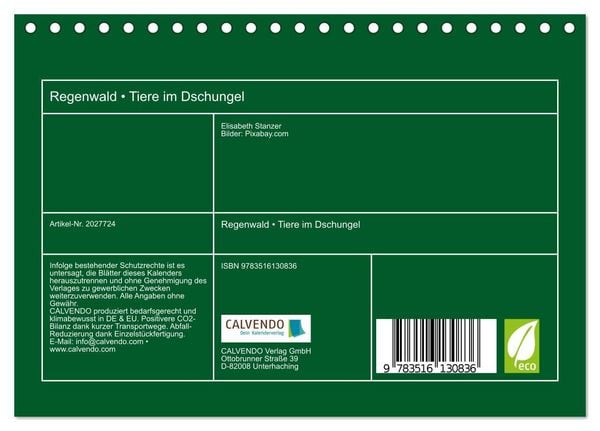Produktbild: Regenwald &bull; Tiere im Dschungel (Tischkalender 2026 DIN A5 quer), CALVENDO Monatskalender