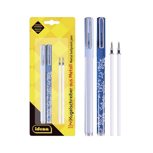 Idena Kugelschreiber Metall 2 Stück mit 2 Ersatzminen Schreibfarbe schwarz