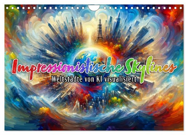 Impressionistische Skylines - Weltstädte von KI visualisiert (Wandkalender 2026 DIN A4 quer), CALVENDO Monatskalender