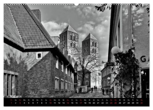 Produktbild: M&uuml;nster in schwarz-wei&szlig; gesehen (Wandkalender 2026 DIN A2 quer), CALVENDO Monatskalender