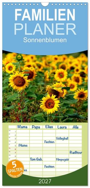 Produktbild: Familienplaner 2027 - Sonnenblumen mit 5 Spalten (Wandkalender, 21 x 45 cm) CALVENDO