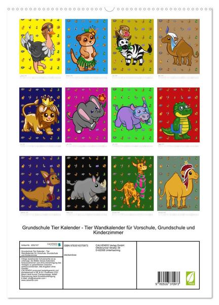 Produktbild: Grundschule Tier Kalender - Tier Wandkalender f&uuml;r Vorschule, Grundschule und Kinderzimmer (Wandkalender 2026 DIN A2 hoch), CALVENDO Monatskalender
