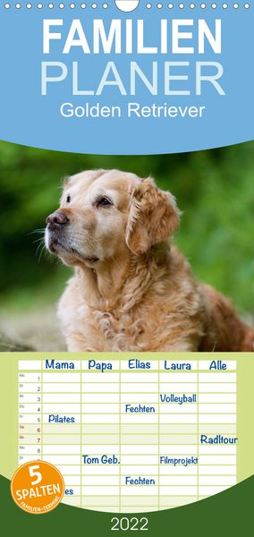 Produktbild: Familienplaner Golden Retriever (Wandkalender 2022 , 21 cm x 45 cm, hoch)