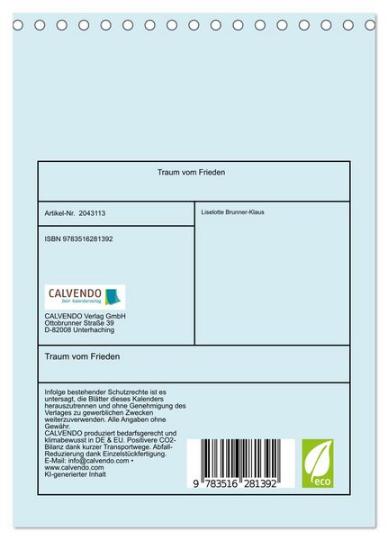 Produktbild: Traum vom Frieden (Tischkalender 2026 DIN A5 hoch), CALVENDO Monatskalender