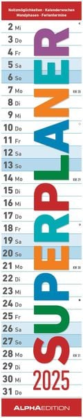 Superplaner 2025 - Streifenkalender 17x85 cm - mit Ringbindung - viel Platz für Notizen - Langplaner - Wandkalender - Kü