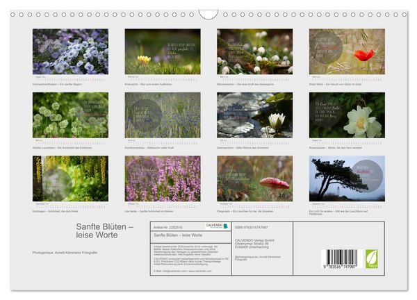 Produktbild: Sanfte Bl&uuml;ten &ndash; leise Worte (Wandkalender 2026 DIN A3 quer), CALVENDO Monatskalender