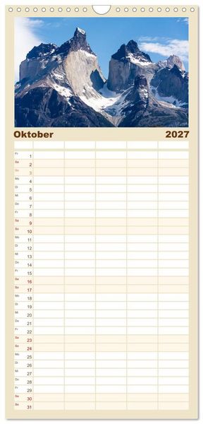 Produktbild: Familienplaner 2027 - Patagonien - Eine Landschaft der Kontraste mit 5 Spalten (Wandkalender, 21 x 45 cm) CALVENDO