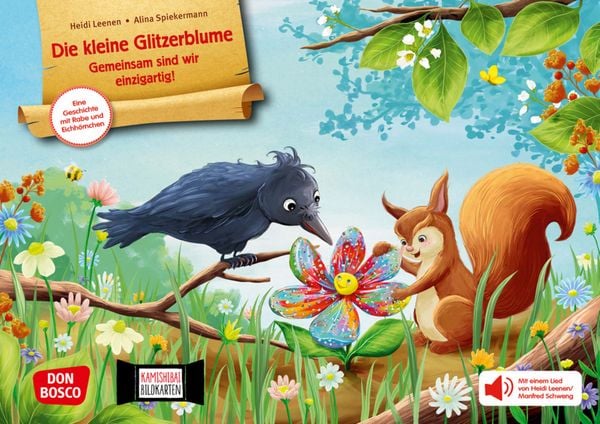 Produktbild: Die kleine Glitzerblume. Gemeinsam sind wir einzigartig! Eine Geschichte mit Rabe und Eichh&ouml;rnchen. Kamishibai Bildkartenset