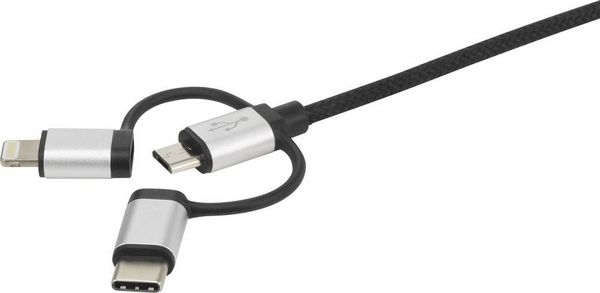 Produktbild: Renkforce USB-Kabel USB 2.0 USB-A Stecker, USB-C&reg; Stecker, USB-Micro-B Stecker, Apple Lightning Stecker 0.25 m Dunkelgrau gesleeved RF-3335106
