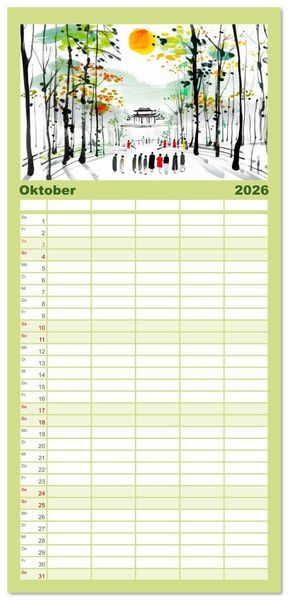Produktbild: Familienplaner 2026 - Fernost Impressionen - Tempel und Landschaften in KI-Tuschekunst mit 5 Spalten (Wandkalender, 21 x 45 cm) CALVENDO