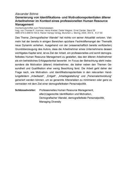 Produktbild: Generierung von Identifikations- und Motivationspotentialen &auml;lterer Arbeitnehmer im Kontext eines professionellen Human Resource Management