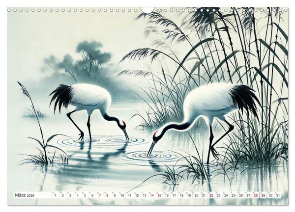Produktbild: Eleganz der Kraniche - Majest&auml;tische V&ouml;gel in poetischer Tusche (Wandkalender 2026 DIN A3 quer), CALVENDO Monatskalender