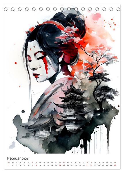 Produktbild: Geisha Aquarelle - Japanische Kulturdamen, Landschaft und Sakura (Tischkalender 2026 DIN A5 hoch), CALVENDO Monatskalender