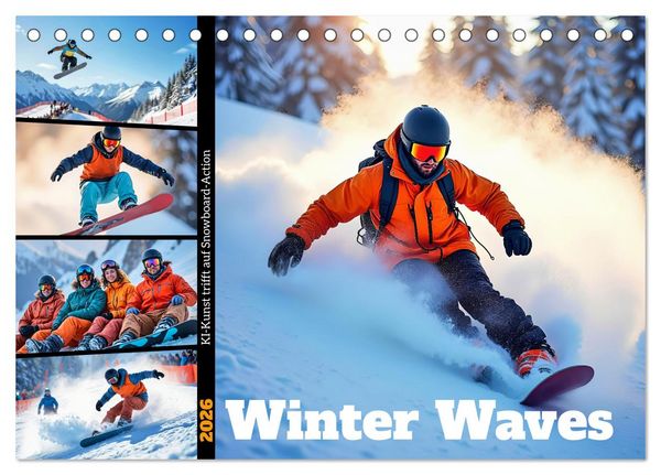 Winter Waves - KI-Kunst trifft auf Snowboard-Action (Tischkalender 2026 DIN A5 quer), CALVENDO Monatskalender