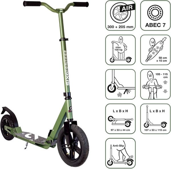Produktbild: SIX DEGREES Aluminium Scooter All Terrain 300/205 mm olivgr&uuml;n