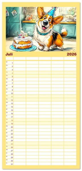 Produktbild: Familienplaner 2026 - Lustige Corgis. Niedliche Cartoons von gl&uuml;cklichen Hunden mit 5 Spalten (Wandkalender, 21 x 45 cm) CALVENDO