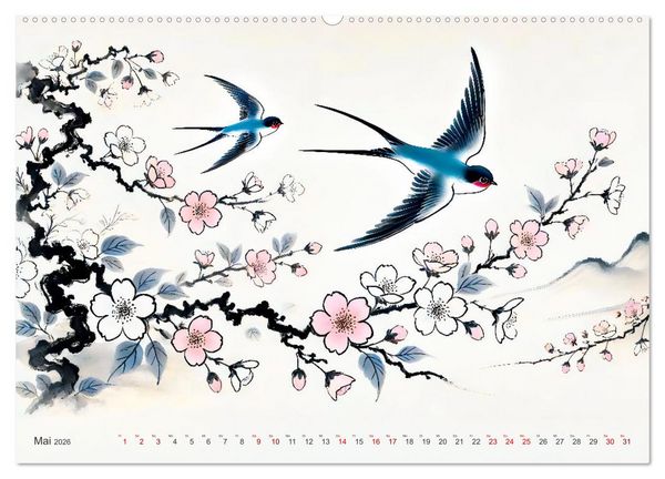 Produktbild: Federleicht - Vogelwelt im Stile asiatischer Tuschmalerei (hochwertiger Premium Wandkalender 2026 DIN A2 quer), Kunstdruck in Hochglanz