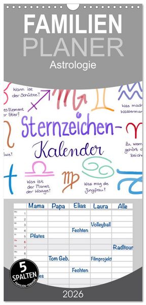 Produktbild: Familienplaner 2026 - Sternzeichen-Kalender mit 5 Spalten (Wandkalender, 21 x 45 cm) CALVENDO
