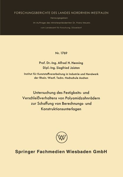 Produktbild: Untersuchung des Festigkeits- und Verschlei&szlig;verhaltens von Polyamidzabnr&auml;dern zur Schaffung von Berechnungs- und Konstruktionsunterlagen
