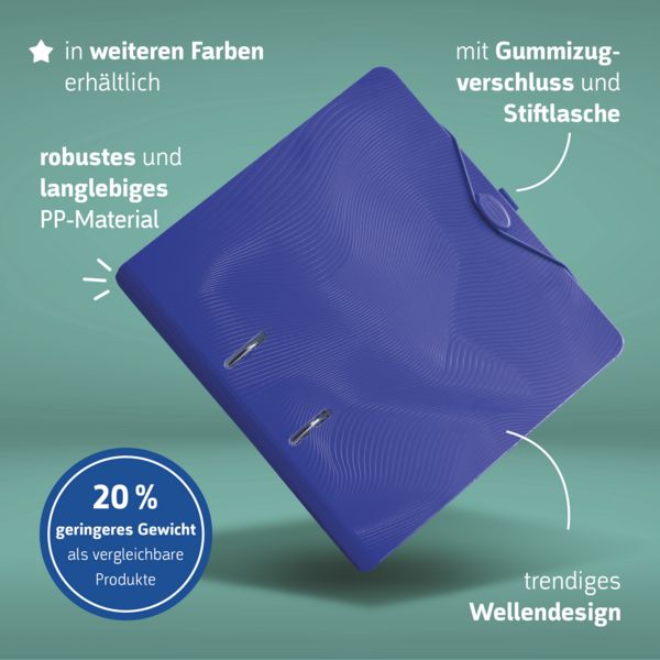 Produktbild: Brunnen Ordner &bdquo;WAVE&ldquo; &brvbar; A4, 50 mm, Hebelmechanik mit gummiertem Griff, blau