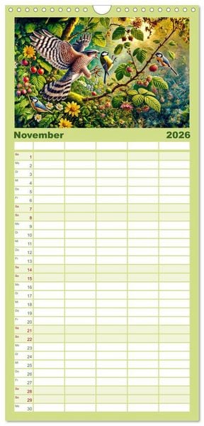 Produktbild: Familienplaner 2026 - Tiere im Garten - Tierische Begegnungen in der gr&uuml;nen Oase mit 5 Spalten (Wandkalender, 21 x 45 cm) CALVENDO
