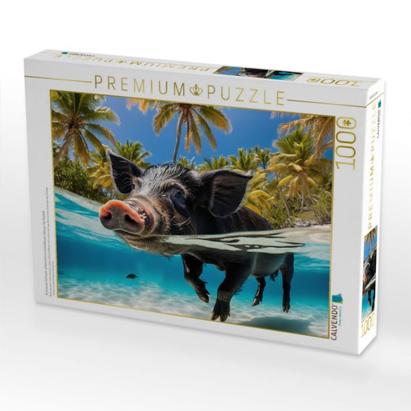 Produktbild: CALVENDO Puzzle Schwarzes Schwein schwimmt im t&uuml;rkisblauen Wasser der Karibik | 1000 Teile Lege-Gr&ouml;&szlig;e 64x48cm Foto-Puzzle f&uuml;r gl&uuml;ckliche Stunden