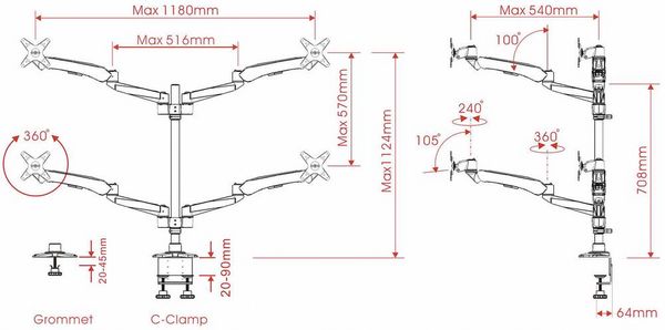 Produktbild: SpeaKa Professional Monitor-Tischhalterung SP-3957076 Flex 4 Display(s) 25,4cm (10\") - 68,6cm (27\") Schwarz, Silbe