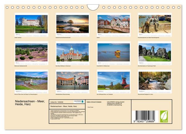 Produktbild: Niedersachsen - Meer, Heide, Harz (Wandkalender 2026 DIN A4 quer), CALVENDO Monatskalender