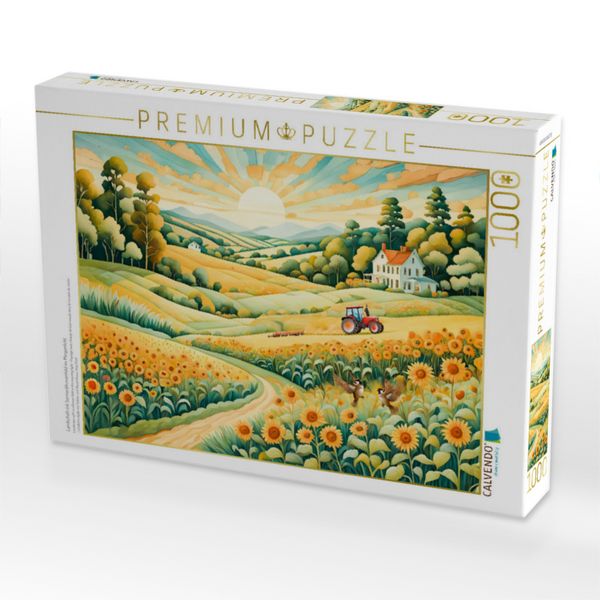 Produktbild: CALVENDO Puzzle Landschaft mit Sonnenblumenfeld im Morgenlicht | 1000 Teile Lege-Gr&ouml;&szlig;e 64x48cm Foto-Puzzle f&uuml;r gl&uuml;ckliche Stunden