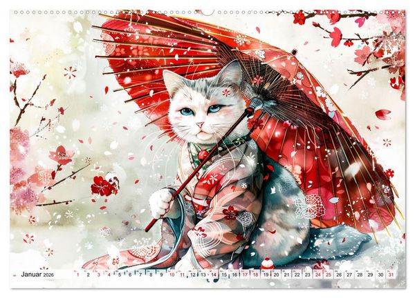 Produktbild: Geisha-Katzen - Mit Bl&uuml;ten, Schirm und Bambus im Japanstil (hochwertiger Premium Wandkalender 2026 DIN A2 quer), Kunstdruck in Hochglanz